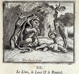 Løven, ulven og reven. Fabler av Jean de La Fontaine (1621-95). Illustrasjon av François Chauveau (1613-1676). Utgave av 1728.
