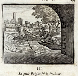 Den lille fisken og fiskeren. Fabler av Jean de La Fontaine (1621-95). Illustrasjon av François Chauveau (1613-1676). Utgave av 1728.