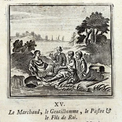 Kjøpmannen, Gentilmannen, Patraen og Kongens sønn. Fabler av Jean de La Fontaine (1621-95). Illustrasjon av François Chauveau (1613-1676). Utgave av 1728.
