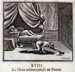 Den metamorfoserte katten i kvinnen. Fabler av Jean de La Fontaine (1621-95). Illustrasjon av François Chauveau (1613-1676). Utgave av 1728.