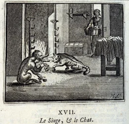 Apen og katten. Fabler av Jean de La Fontaine (1621-95). Illustrasjon av Francois Chauveau (1613-1676). Utgave av 1728.