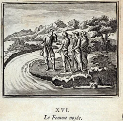 Noyee-kvinnen. Fabler av Jean de La Fontaine (1621-95). Illustrasjon av François Chauveau (1613-1676). Utgave av 1728.