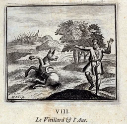 Den gamle mannen og eselet. Fabler av Jean de La Fontaine (1621-95). Illustrasjon av François Chauveau (1613-1676). Utgave av 1728.