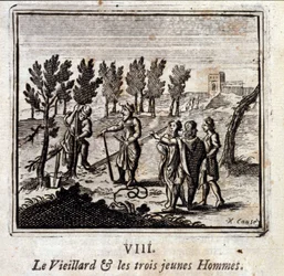 Den gamle mannen og de tre unge mennene. Fabler av Jean de La Fontaine (1621-95). Illustrasjon av François Chauveau (1613-1676). Utgave av 1728.