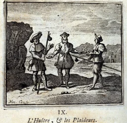 Østersen og rettssakene. Fabler av Jean de La Fontaine (1621-95). Illustrasjon av Francois Chauveau (1613-1676). Utgave av 1728.