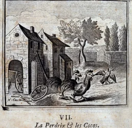 Rapphøna og hanene. Fabler av Jean de La Fontaine (1621-95). Illustrasjon av François Chauveau (1613-1676). Utgave fra 1728.