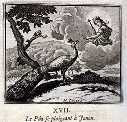 Påfuglen som klager til Juno. Fabler av Jean de La Fontaine (1621-95). Illustrasjon av François Chauveau (1613-1676). Utgave fra 1728.