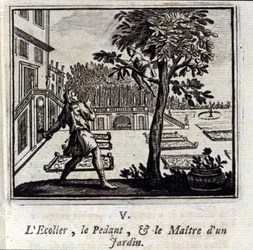 Pedantskolen og hagemesteren. Fabler av Jean de La Fontaine (1621-95). Illustrasjon av François Chauveau (1613-1676). Utgave av 1728.