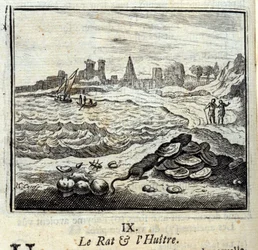 The Rat and the Oyer.Fables av Jean de La Fontaine (1621-95). Illustrasjon av Francois Chauveau (1613-1676). Utgave av 1728.