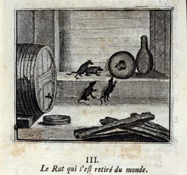 Rotten som trakk seg ut av verden. Fabler av Jean de La Fontaine (1621-95). Illustrasjon av François Chauveau (1613-1676). Utgave av 1728.