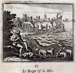 Hyrden og havet. Fabler av Jean de La Fontaine (1621-95). Illustrasjon av François Chauveau (1613-1676). Utgave av 1728.