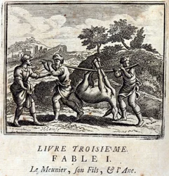 Sugeren hans sønn og eselet. Fabler av Jean de La Fontaine (1621-95). Illustrasjon av François Chauveau (1613-1676). Utgave av 1728.