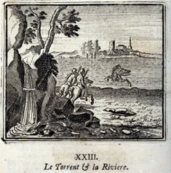 Torrent og Riviere. Fabler av Jean de La Fontaine (1621-95). Illustrasjon av Francois Chauveau (1613-1676). Utgave av 1728.
