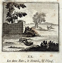 De to rottene, reven og egget. Fabler av Jean de La Fontaine (1621-95). Illustrasjon av François Chauveau (1613-1676). Utgave fra 1728.