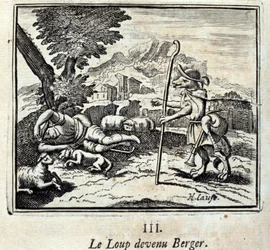 Ulven ble Berger.Fables av Jean de La Fontaine (1621-95). Illustrasjon av Francois Chauveau (1613-1676). Utgave av 1728.