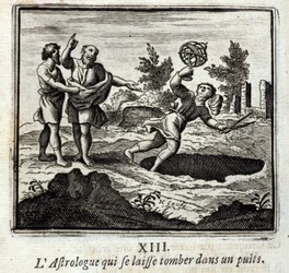 Astrologen som faller ned i en brønn. Fabler av Jean de La Fontaine (1621-95). Illustrasjon av François Chauveau (1613-1676). Utgave av 1728.