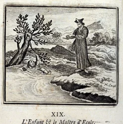 Barnet og skolemesteren. Fabler av Jean de La Fontaine (1621-95). Illustrasjon av François Chauveau (1613-1676). Utgave av 1728.