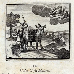 Eselet og hans herrer. Fabler av Jean de La Fontaine (1621-95). Illustrasjon av François Chauveau (1613-1676). Utgave av 1728.