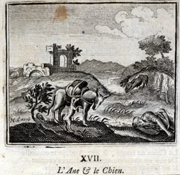 Eselet og hunden. Fabler av Jean de La Fontaine (1621-95). Illustrasjon av François Chauveau (1613-1676). Utgave fra 1728.
