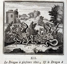 Dragen har flere hoder, og dragen har flere haler. Fabler av Jean de La Fontaine (1621-95). Illustrasjon av François Chauveau (1613-1676). Utgave fra 1728.