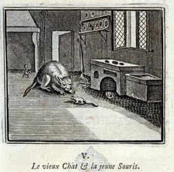 Den gamle katten og den unge musen. Fabler av Jean de La Fontaine (1621-95). Illustrasjon av François Chauveau (1613-1676). Utgave av 1728.