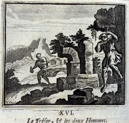 Skattmesteren og de to mennene. Fabler av Jean de La Fontaine (1621-95). Illustrasjon av François Chauveau (1613-1676). Utgave av 1728.