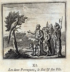 De to papegøyene kongen og hans sønn. Fabler av Jean de La Fontaine (1621-95). Illustrasjon av François Chauveau (1613-1676). Utgave av 1728.