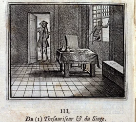 Tesaurizer og Monkey. Fabler av Jean de La Fontaine (1621-95). Illustrasjon av Francois Chauveau (1613-1676). Utgave av 1728.
