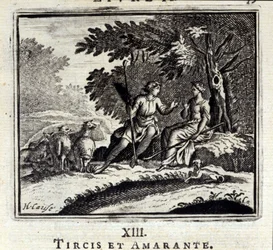 Tircis og Amaranth. Fabler av Jean de La Fontaine (1621-95). Illustrasjon av François Chauveau (1613-1676). Utgave av 1728.