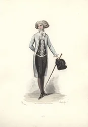Elegant mann i stripet frakk, æra av Marie Antoinette.