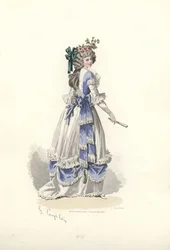 Kvinne i kjole med båndfrills, æra av Marie Antoinette.