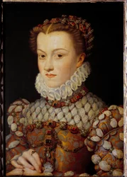 Portrett av Elisabeth av Østerrike (1554-1592) Dronning av Frankrike, kone til Charles IX Maleri av Francois Clouet (1515-1572) ca. 1571 Søn. 0,36x0,26 m - Portrett av Elisabeth av Østerrike (1554-1592), dronning av Frankrike, kone til Karl IX. Maleri av F