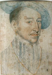 Portrett av Henrik II (1519 - 1559), konge av Frankrike. Tegning med svart stein og blod av Francois Clouet (1515-1572)
