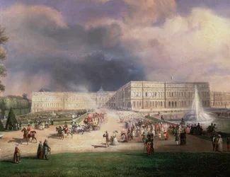 Louis-Philippe, konge av Frankrike, hans familie og hertuginnen av Kent som deltok på Grandes Eaux i Versailles, Frankrike, mai 1844 (Detaljmaleri