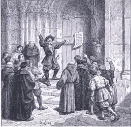 Robert Aske fester sin proklamasjon på døren til York Minster, fra Cassells History of the British People utgitt av Waverley Book Company, ca. 1950-tallet (litho)
