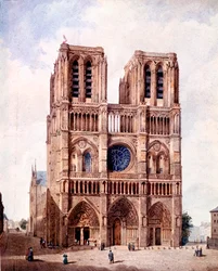 Fasaden til Notre Dame-katedralen i Paris Maleri av Francois Etienne Villeret (ca. 1800-1866) Paris fra 1800-tallet, Musee Carnavalet
