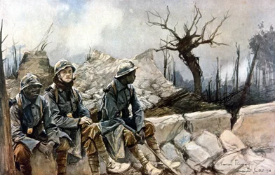 3 franske soldater sittende foran ruinene av kirken i Dampierre. Krig 1914 - 1918. Paris, Musée de l