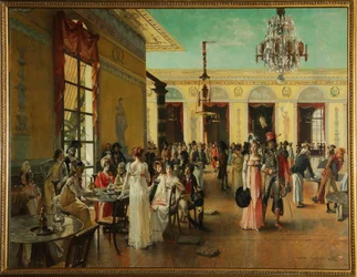 Cafe Frascati (Paris, Frankrike), en scene i Napoleons tid (sent 18.-1815) - Maleri av Francois Flameng (1856-1923), olje på tre