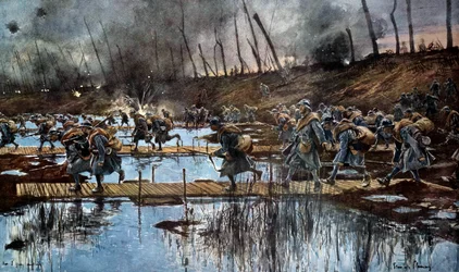 Første verdenskrig (1914-1918): «Overgangen over Yser under Flandern-offensiven i 1917». Akvarell av François Flameng (1856-1923), 1917, 30 x 50 cm. Paris, Musée de l