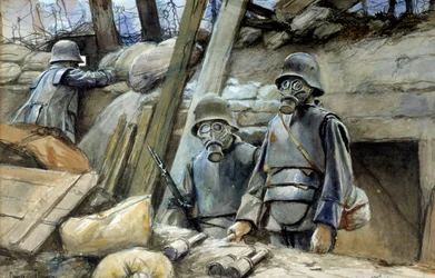 Første verdenskrig: Tyske soldater med skyttergravsrustning og gassmasker, august 1917. Akvarell av François Flameng (1856-1923). 0,3 x 0,48 m. Paris, Musée de l