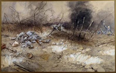 Første verdenskrig: scene fra slaget ved La Craonne den 5/04/1917. Likene av infanterister ligger blant piggtråden. Akvarell av François Flameng (1856-1923). Sol. 0,3 x 0,56 m. Paris, Musée de l