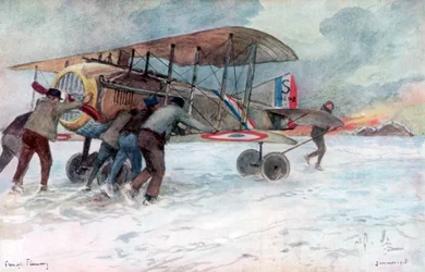 Bakkemannskap som tar hånd om en fransk SPAD på en snødekt mark, 1918, 1926.