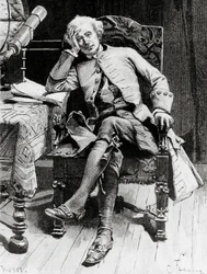 Portrett av Guy Mannering, hovedpersonen til Guy Mannering eller Astrolog, roman av Walter Scott (1771-1832), gravering etter tegning av Francois Flameng (1856-1923), fra parisisk utgave