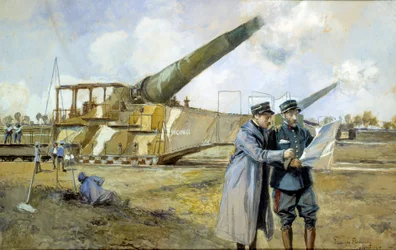 Første verdenskrig: 400 batteri i oktober 1916 (ALVF eller ALGP (Large Range Heavy Artillery) av Great War Commanders observerer en slagplan. Maleri av Francois Flameng (1856-1923)