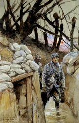 Første verdenskrig: «En soldat på suppekorvé i skyttergraven Notre-Dame-de-Lorette, 28/06/1915». Akvarell av François Flameng (1856-1923), juni 1915, sol. 0,3 x 0,48 m, Paris, Musée de l