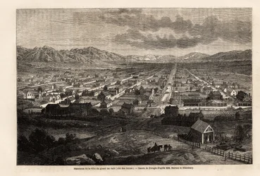 Panorama av byen med den store skitne innsjøen, siterer de hellige (Utah), tegning av Ferogio, for å illustrere Richard Burtons reise til byen Saints, hovedstaden i Mormons land, i 1860. Gravering i "" Le tour du monde ””, redigert av Edouard Charto