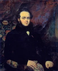 Portrett av den franske komponisten Jacques Fromental Levy dit Halevy (1799-1862) Han poserer med brillene. Maleri av Francois Gabriel Lepaulle (1804-1886) 1837 Paris, Operabiblioteket - Portrett av den franske komponisten Jacques Fromental Levy kalt Hale