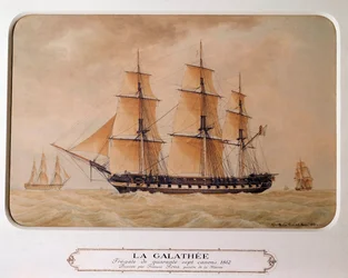 The Galathee, en fregatt på 47 kanoner i 1812. Maleri av Francois Roux (1811 - 1882). Gravering fra 1880. Paris, Musee De La Marine.