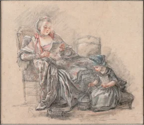 Kvinne som leser og en jente som spiller (antagelig Marquise de Pompadour med datteren Alexandrine), 1748