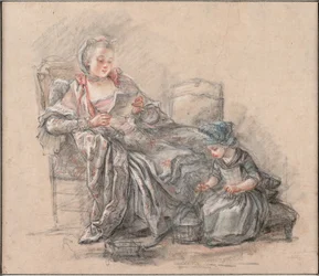 Kvinne som leser og en jente som spiller Marquise de Pompadour med datteren Alexandrine, ca 1748